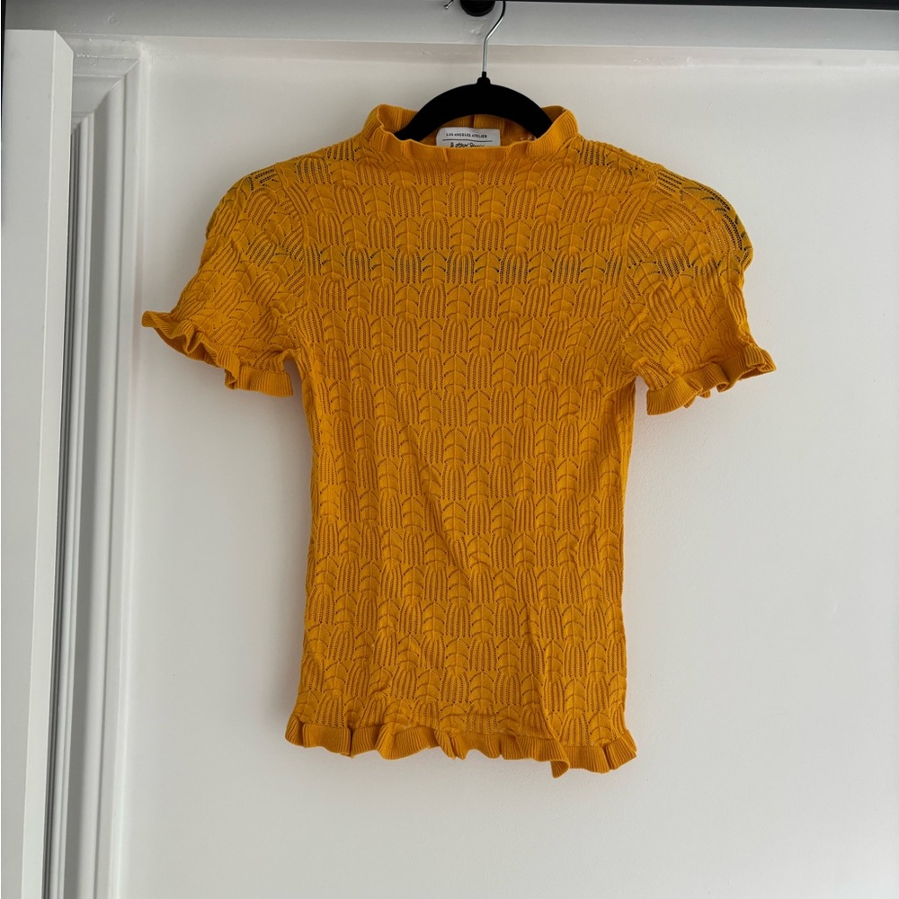 & Other Stories Mustard Yellow Textured Ruffle Sleeve Knit Top